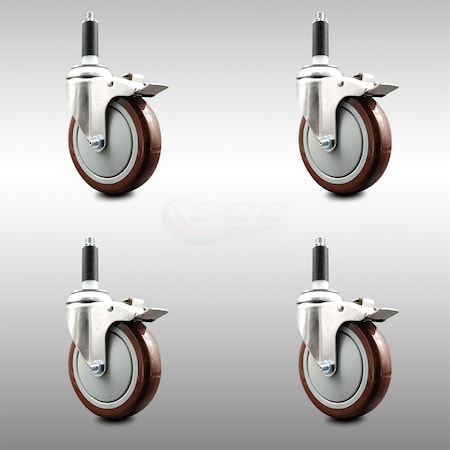 Service Caster 5 Inch 316SS Maroon Poly Swivel 7/8 Inch Expanding Stem Caster Set Lock Brake SCC-SS316TTLEX20S514-PPUB-MRN-78-4